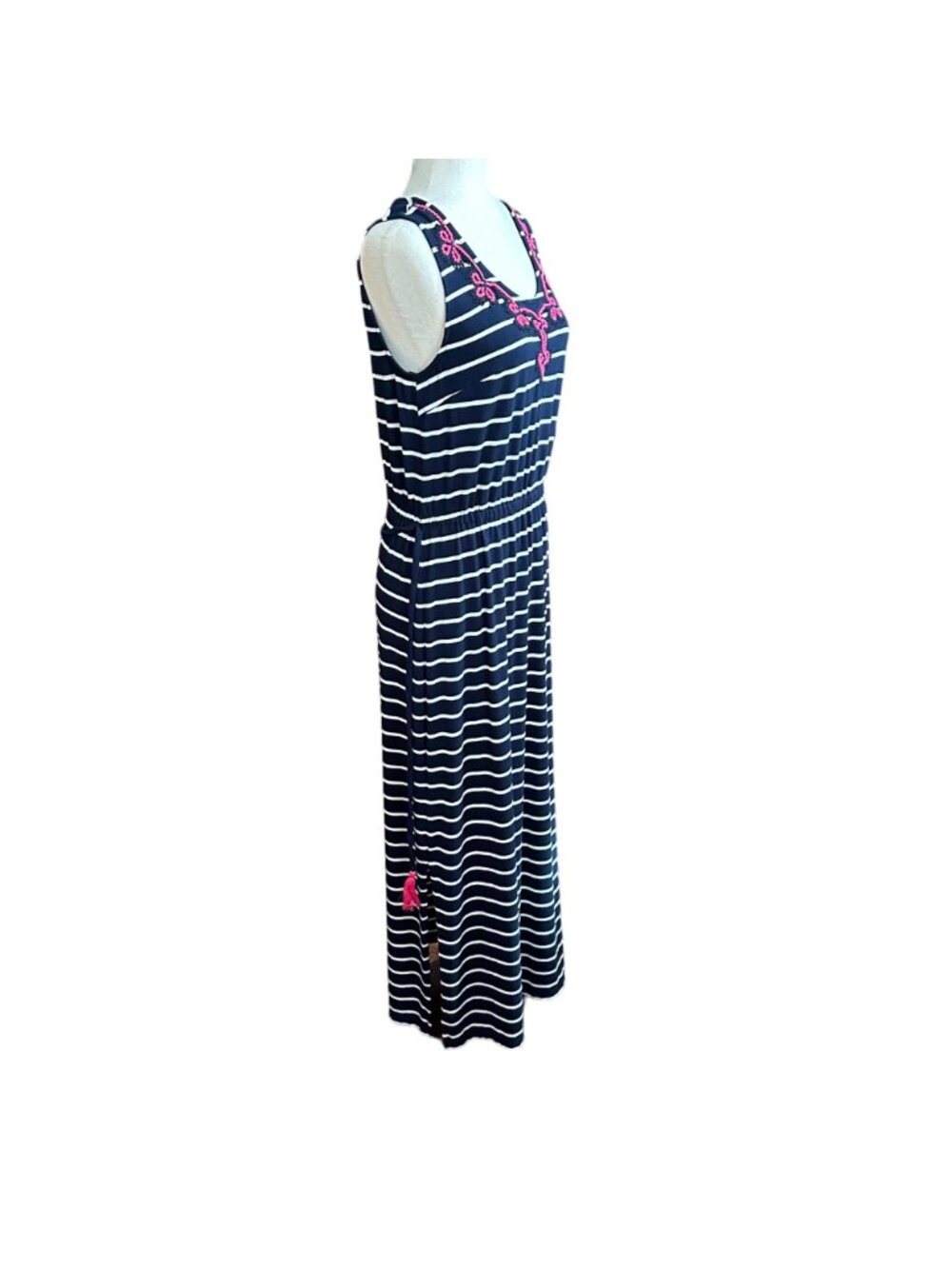 Talbots Dress Women M Petite Navy Blue White Striped Pink Embroidered Maxi Dress - Picture 4 of 16